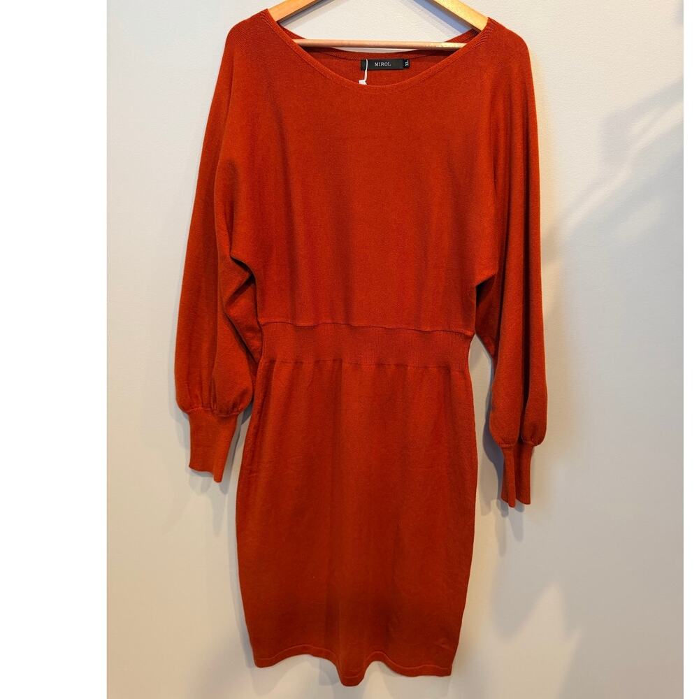 MIROL Burnt Orange Pumpkin Spice Long Puff Sleeve Bodycon Sweater Dress XL NWT
